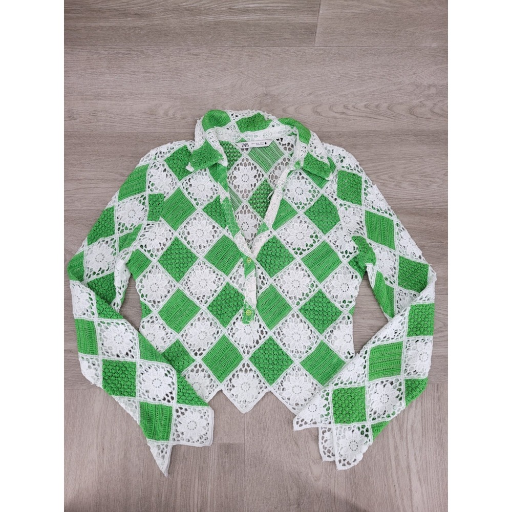 Zara Crochet Granny Square Cardigan Women's M Green White Button Knit Sweater